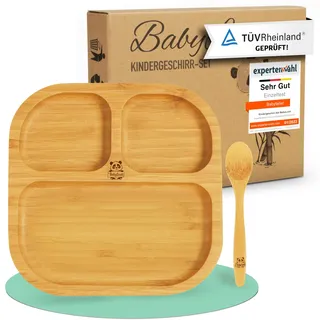 Babylovit Bambus Kinderteller | TÜV Geprüfter Baby Teller mit Saugnapf & Esslernbesteck | BLW Beikost Zubehör | Esslernlöffel Baby Melamin & BPA frei | Kinder Teller mit Saugnapf | Kinderbetseck