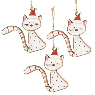 Weihnachtsanhänger Katze 7 cm – 3 Stück Christbaumanhänger aus Holz mit Mütze – lustige Weihnachtsdeko – Logbuch-Verlag