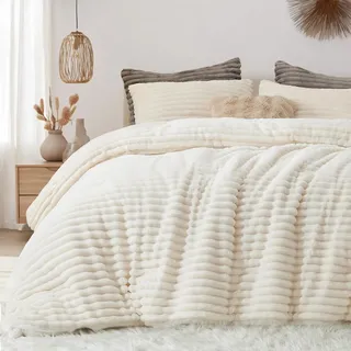 Freyamy Plüsch Bettwäsche 135x200 Khaki Weiß,Flauschig Cashmere Fleece Winterbettwäsche,Warme Flanell Samt Wende Bettwäsche Set Samt Velvet Touch Bettbezug + 1 Kissenbezug 80x80