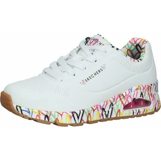 SKECHERS Damen Uno Loving Love Sneakers, White Durabuck Multi Colored Mesh Trim, 41