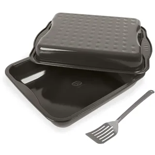 Dr. Oetker Maxi-Bräter mit Deckel & Schlitzwender EXCLUSIVE, hochwertige Auflaufform aus Stahlblech, eckige Familien-Bratform für Hähnchen und Gemüse (Farbe: Grau-Braun/Crème), Menge: 1 x 3er Set