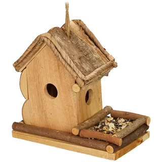 Relaxdays Deko Vogelhaus mit Futterstelle, Holz, Vogelhäuschen zum Aufhängen, HBT: 21x21x12,5 cm, Garten, Balkon, natur