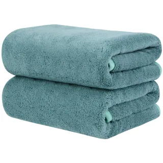 KinHwa 2er Set Mikrofaser Handtücher 50x100 cm, Extra Saugstark & Fussel Frei, Ultra Weich für Haare & Körper, Schnell Trocknend, mit Aufhänger, Grün
