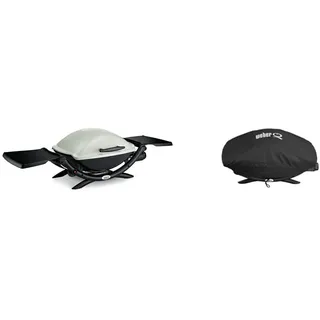 Weber 53060079 Gasgrill Q 2000, Titan, Zündung per Knopfdruck, Abklappbare Seitentische, Balkon Grill + Abdeckhaube für Q200/Q220/Q240 Serie, schwarz