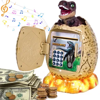 Yellcetoy Dinosaurier Tresor Kinder mit Code, Dino Spardose für Jungen | Gestimuleerde vingerafdruk,Auto-Scroll-Geld mit Musik & Licht,Elektrische Sparbüchse Sparschwein Passwort Safe ATM Piggy Bank