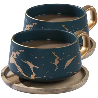 VETIN 2 Stücke Cappuccino Tassen mit Unterteller, Tasse Marmor, 300 ml Espressotassen aus Porzellan für Tee Kaffee Cappuccino, Kaffee-Tassen mit Holzscheibe (Grün*2)