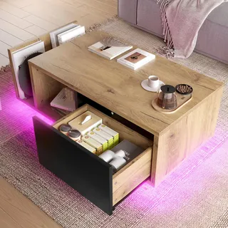 Retro Sideboard 99.5x53x38cm Couchtisch Raumteiler LED-Beleuchtung Schublade Offenes Fach Holz-Metall Natural - Naturbelassen