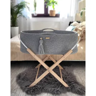 Boho Babybett Handgemacht mit Matratze Silber Dunkelgrau