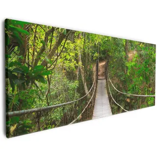 Wallario Premium Leinwandbild Hängebrücke im Urwald grüner Dschungel in Größe 50 x 125 cm - Schwarz