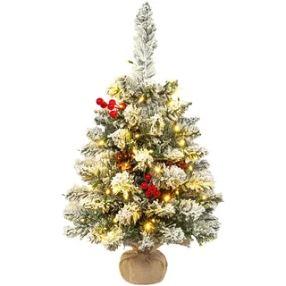 Uten Beflockt Mini Weihnachtsbaum, 60 cm Kleiner Weihnachtsbaum mit 50 LED Lichterketten, 5 Gruppen Roter Beeren, 7 Tannenzapfen, für Wohnzimmer, Fensterbank, Weihnachtsdekoration