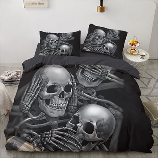 Luowei Bettwäsche 3D Skull Bettbezug Set 200x200cm Halloween-Thema Weiche Microfaser Bettbezug und 2 Kissenbezüge 80 x 80cm mit Reißverschluss