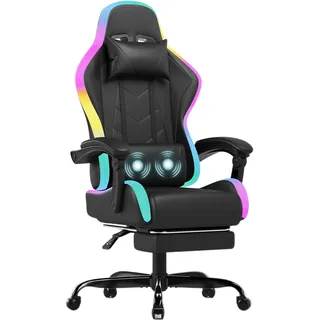 JUMMICO Gaming Stuhl mit led, Cool Racing Gamer Stuhl, Ergonomischer Bürostuhl mit Massagefunktion, Verstellbare Rückenlehne 90-135°, mit Teleskop Fußstütze, Gamingstuhl 150 kg belastbarkeit, Schwarz
