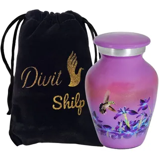 Divit Shilp Kleine Andenken-Feuerbestattungs-Urne mit Einer Samttasche | Eine Auswahl von Farben | Benutzbares Mini-Symbolgefäß aus Metall für Menschenasche. (Keepsake, Hummingbird Purple)