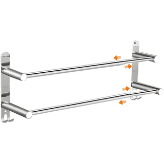 DAGORD Handtuchhalter Wand Edelstahl Glänzend Handtuchhalter Bad Ausziehbar 2 Stangen 43-75cm mit Haken Badetuchhalter Wandmontage mit Bohren und Klebend - 2 Installationsmethoden für Badezimmer Küche