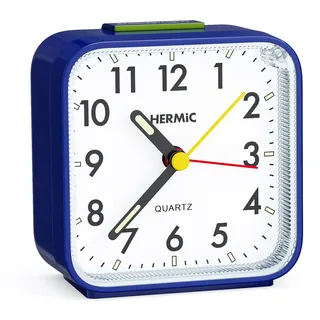 HERMIC Wecker Analog Ohne Ticken Wecker mit Licht, Batteriebetrieben, Lauter Alarm, Schlummerfunktion, Geräuschlos, Leuchtziffern Tragbarer Leise Klein Reisewecker für Tiefschläfer