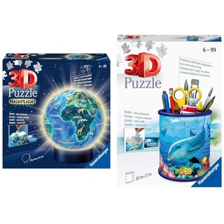 Ravensburger 3D Puzzle Erde im Nachtdesign Nachtlicht 11844 Puzzle-Ball 72 Teile für Globus Fans ab 6 Jahren & 3D Puzzle 11176 Utensilo Unterwasserwelt 54 Teile Stiftehalter