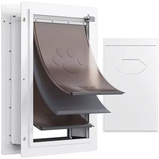 Vevor Haustierklappe Hundeklappe Metallrahmen mit Schloss & 3-Klappen-System 312 x 435 mm, wetterfeste Hundeklappe Haustiertüre geeignet für Katzen Hunde Kätzchen (Weiß-M) einfache Montage