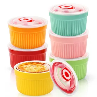 WPPQWP Creme Brulee Keramik Schälchen 6 Stück, Ø9cm 220ml Souffle Förmchen Mit Deckel, Backofenfest Puddingform, Dessertschalen, Mini Auflaufform Farbig, Zum Küchenbacken (Farbig - Ø9cm - 6er Set)