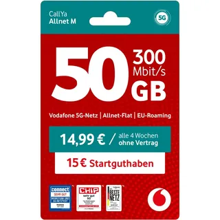 Vodafone Prepaid CallYa M | 50 GB | 15 EUR Guthaben | ohne Vertrag | 5G | Allnet Flat | EU-Roaming | weltweit nutzbar
