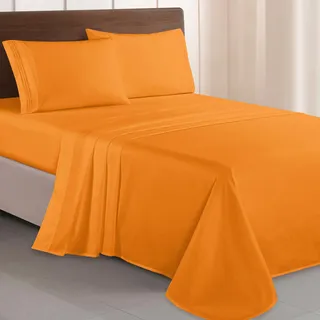 Elegant Comfort Luxuriöses 1500 Premium-Bettwäsche-Set aus Mikrofaser in Hotelqualität, dreireihig, Bestickt, weichstes 4-teiliges Bettlaken-Set, Knitter- und lichtbeständig, Queen, Orange