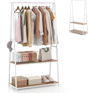 HOMASIS 2 in 1 Garderobenständer mit 2 Ablagen, 94x40x171cm Garderobe mit 4 Haken, Kleiderstange & Schuhregal, Kleiderständer aus Metall & Holz, offener Kleiderschrank Flurgarderobe (Weiß)