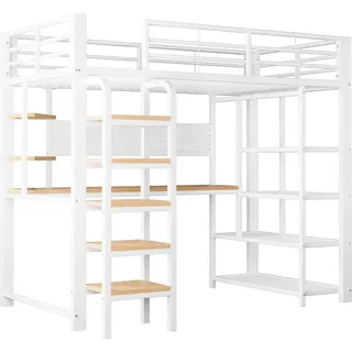 okwish Hochbett 90x200 mit Schreibtisch Jugendbett Metallbett ohne Matratze