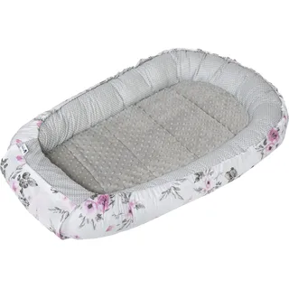 Medi Partners Babynest Kuschelnest Babynestchen 100% Baumwolle Nestchen Reisebett für Babys Säuglinge 100x60x15cm herausnehmbarer Einsatz(Traumfänger und Blument mit grauen Minky)
