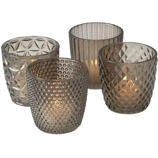 Boltze Windlicht Set Marilu 4-teilig (grau, Deko-Gläser für Kerzen / Teelichter, Kerzenständer ø 8 cm, verschiedene Muster, Form rund, Teelichthalter) 2002930