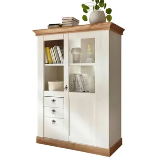Furn.Design Vitrine weiß Pinie, Eiche 102 x 139 cm, Highboard im Landhaus-Stil , Holzwerkstoff , Nachbildung,Pinie, Eiche , Holz Optik, Uni , Sockel , 102x139x44 cm , Esszimmer, Vitrinen, Vitrinenschränke