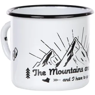MUGSY I Emaille Tasse The Mountains are calling, 330 ml Camping Tasse mit Spruch, Camping Becher I Schwarz Weiß