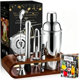 izdeel 750ML Cocktail Shaker Set 10 stück mit Holz-Ständer & Rezeptbuch, Premium Edelstahl Bar Cocktailset professionelle Barkeeper Zubehör Cocktailshaker Messbecher Barset Cocktail-Zubehör Geschenk