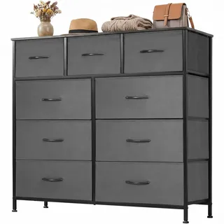 DUMOS Kommode mit Schubladen - Kommoden & Sideboards für Schlafzimmer Geeignet, Komodenschrank mit 9 Schubladen, Stoffkommode mit Stahlrahmen, Schrank Klein, Ideal für Flur, Wohnzimmer (Grau)
