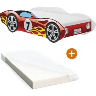 iGLOBAL Kinderbett Autobett Cars Bett Jugendbett Juniorbett Bett mit Lattenrost Stellage Schaumstoffmatratze Rot 140 x 70 cm - Rot