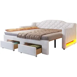 Redom Tagesbett 90/200 cm ausziehbar auf 180/200 cm mit LED-Beleuchtung, 2 Schubladen und Samtbezug, Weiß , Textil , 90x200 cm , Schlafzimmer, Betten