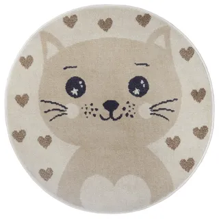 HANSE HOME Adventures Kinderteppich Rund - Katzen Herzen Muster, Tier Herz Muster Teppich Junge Mädchen für Kinderzimmer, Spielzimmer, Jugendzimmer, Wohnzimmer - Creme Beige,