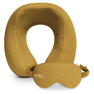 Reise-Set Reisekissen Memory Foam + Schlafmaske licht-blockierend Nackenkissen Flugzeug Bezug abnehmbar waschbar, Nackenhörnchen Augenmaske Reisezubehör - Gold