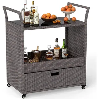 COSTWAY Grillwagen Outdoor, Polyrattan Grilltisch, Servierwagen mit gehärteter Glasplatte, offenes Ablagefach & Schublade, Garten Trolley - Braun