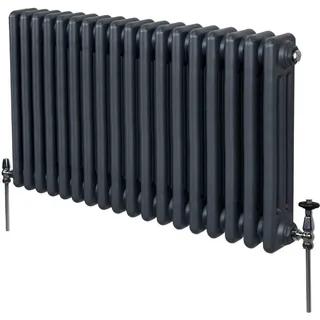 Traditioneller 3-Spalten-Heizkörper 600 x 832mm | Horizontaler Wandheizkörper | Matt Anthrazit Grau Kohlenstoffstahl | Wohn- Badezimmer Küche [Inkl. Reinigungsbürste, Befestigungsset & Halterungen]