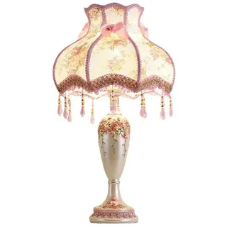 kaixunl Antike viktorianische Lampe mit Fransen und Spitze, rosa, Vintage-Stoff-Tischlampe mit Schirm, europäische pastorale Nachttisch-Tischleuchte in Vasenform für Schlafzimmer, Wohnzimmer