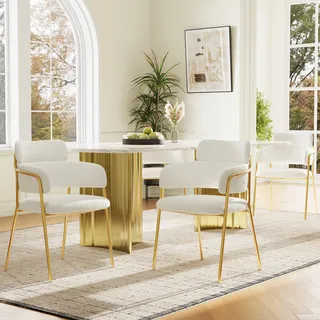 Flieks Esszimmerstühle Essstuhl 4er Sets, Küchenstuhl Polsterstuhl mit Golden Metallbeinen, Wohnzimmerstuhl Armlehnstuhl, Schlingenvelours, Beige - Beige