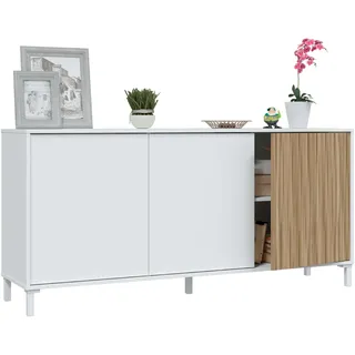 Habitdesign, modernes Sideboard mit 3 Türen – Buffet & Beistellschrank für Wohnzimmer oder Esszimmer in Artik weiß & Naturholz, viel Stauraum, Maße: 154 x 74 x 40 cm (B x H x T), Modell Ethna