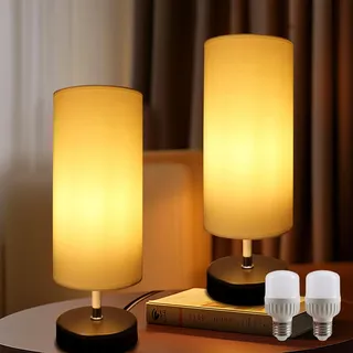 Nachttischlampe Weiß 2er mit 6W Glühbirne, Tischlampe E27 Fassung mit Kabelschalter, 3 Farbtemperaturen 3000K/4000K/6500K mit Memory Funktion, Moderne Tischleuchte LED für Schlafzimmer Wohnzimmer