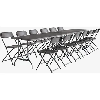 sweeek - 2er-Set Partytischen aus Kunststoff + 12 Stühle, zusammenklappbar - Dunkelgrau - Dunkelgrau, Weiß