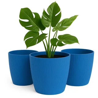 Home Garden Ornaments Blumentopf Set 3er – Kunststoff Übertopf, geriffeltes Design, modern & dekorativ, für Zimmerpflanzen (15,5 cm, Blau)