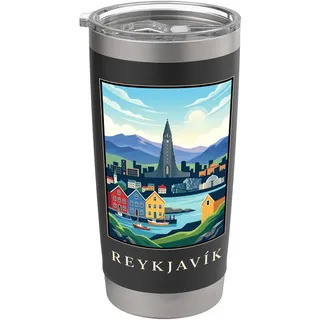 Reykjavik Island Nordic Harbor Skyline Vintage Travel Doppelwandiger Edelstahl-Thermobecher