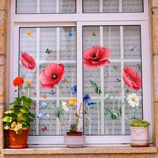 WandSticker4U®- XXL Fenstersticker MOHNBLUMEN rot (88x57 cm) I Fensterbilder Frühling Blumen selbstklebend Wohnzimmer Schlafzimmer Bad Küche I Frühlingsdeko Fenster Aufkleber wiederverwendbar GROß