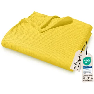 WOHNWOHL® Tagesdecke (150x200cm) • Leichte Waffelpique Decke • 100% Baumwolle • Sommerdecke • Sofa-Decke • Pflegeleichte Wohndecke • Überwurfdecke • Baumwolldecke • Farbe: Gelb