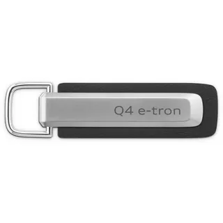 Audi Collection Audi 3182501100 Schlüsselanhänger Metall Leder Anhänger Schlüsselring Keyring Gravur, mit Q4 e-tron Schriftzug und Audi Ringe Logo, silber/schwarz