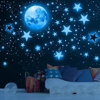 1175 Stück Leuchtsticker Wandtattoo Leuchtsterne Selbstklebend Kinderzimmer Wandsticker Mond und Sterne Fluoreszierend Wandaufkleber, Aufkleber Für Kinderzimmer Mädchen Dekorative