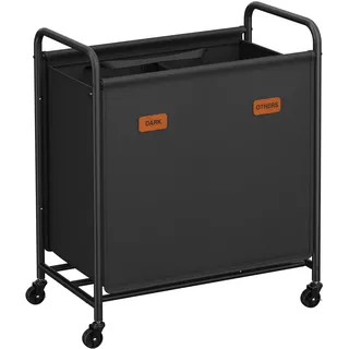 SONGMICS Wäschekorb mit Rollen, Wäschesammler 2 Fächer, 140 L Wäschesortierer, beweglicher Wäschewagen, 5 Etiketten, für Waschküche, Schlafzimmer, Badezimmer, tintenschwarz RLS210B01